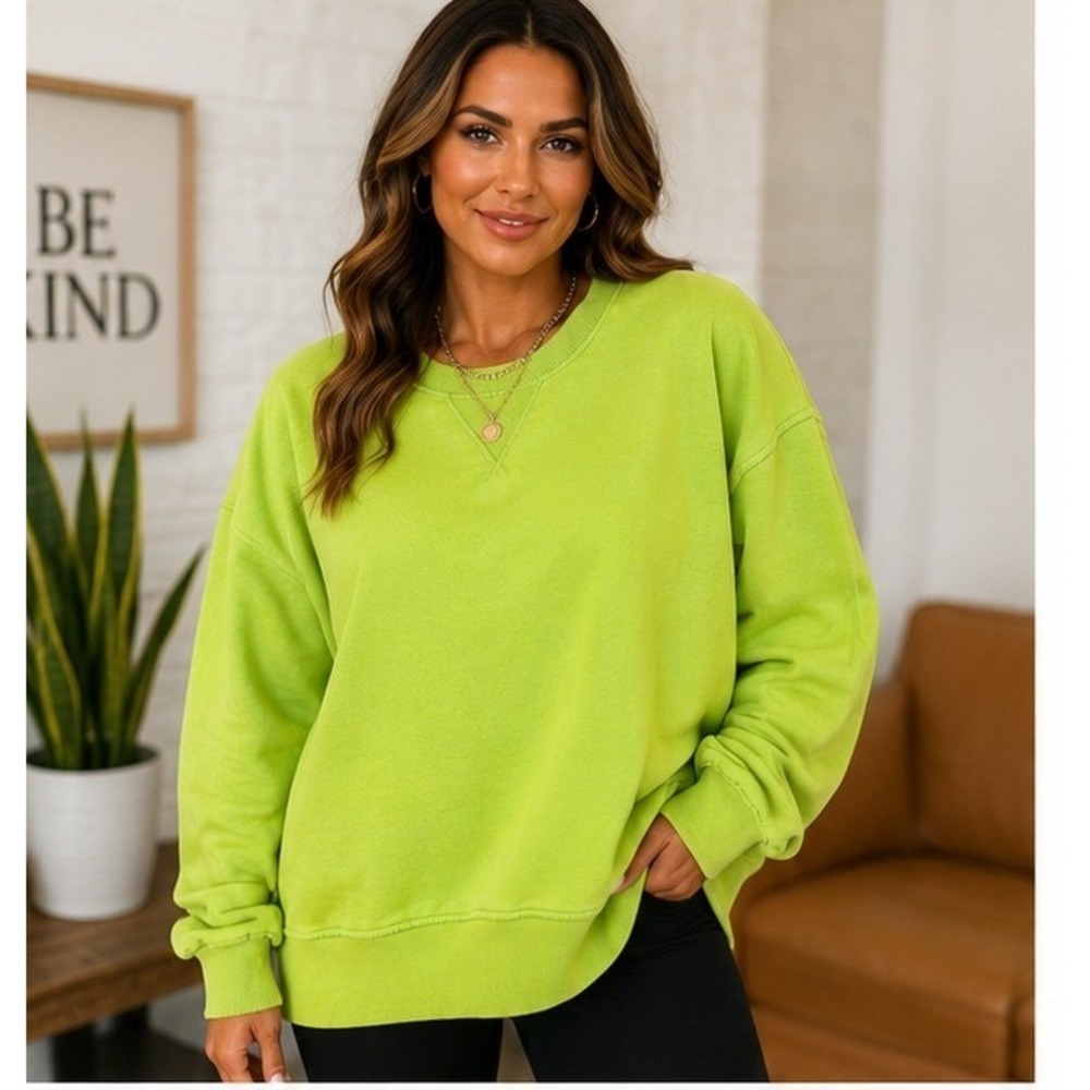 Filly Flair Sweatshirt Women 2XL Lime Green Neon Oversized V-Neck Fleece Pocket